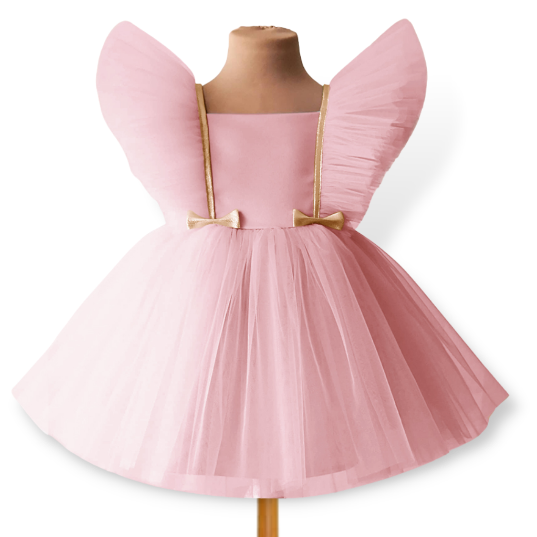 Elegant baby girl party dress with puffy mesh sleeves, knee-length tulle for a formal occasion.