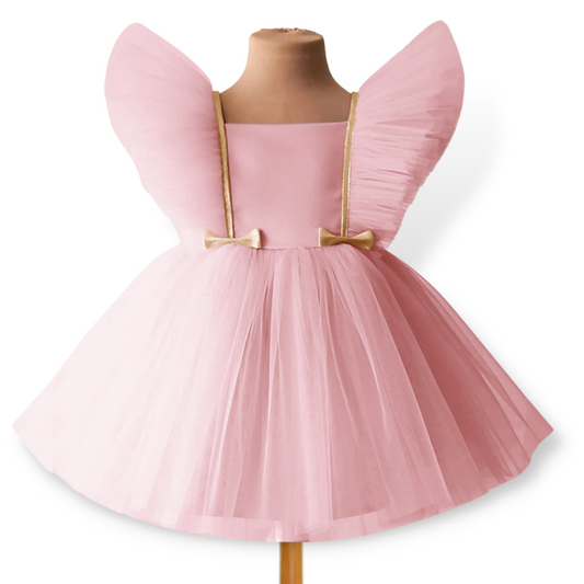 Elegant baby girl party dress with puffy mesh sleeves, knee-length tulle for a formal occasion.