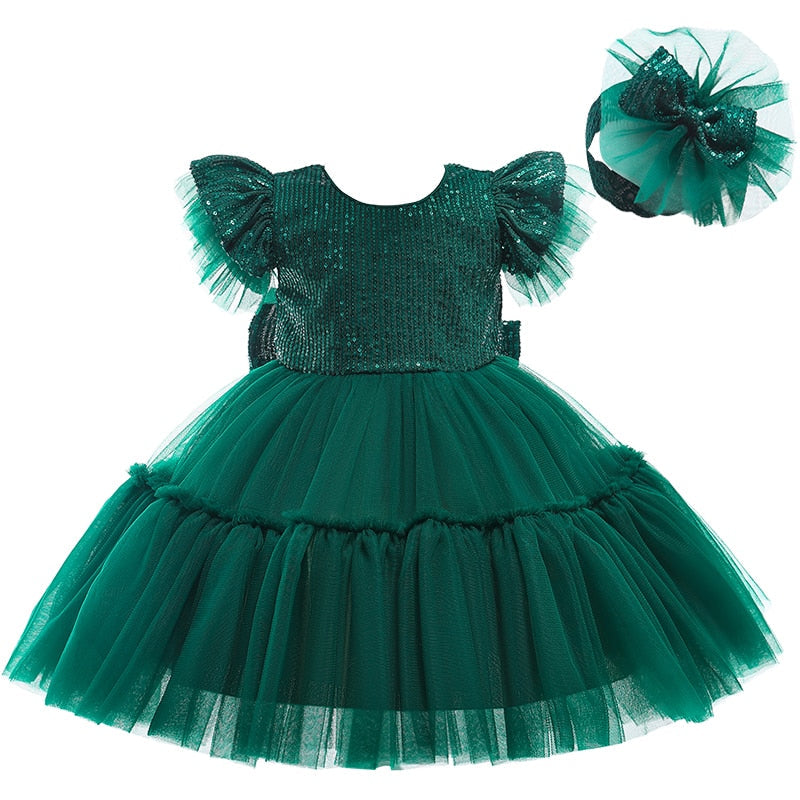 Beautiful baby girl formal dress, knee-length, with charming puffy mesh sleeves, perfect for events.
