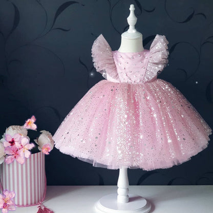 Party-ready infant dress with elegant puffy mesh sleeves and a classic knee-length tulle skirt.