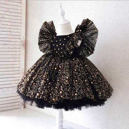 Formal baby girl dress, white, knee-length, featuring stylish puffy mesh sleeves for special occasions.