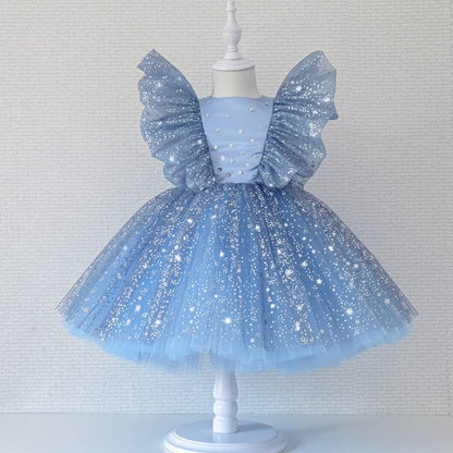 Elegant girls' clothing, white knee-length party dress with a distinctive puffy mesh sleeve design.