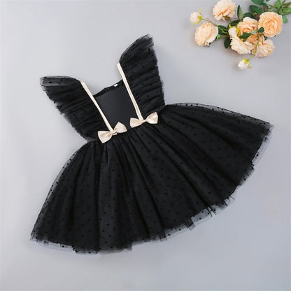 Special occasion infant dress, white, with elegant mesh sleeves, ideal for parties and formal events.