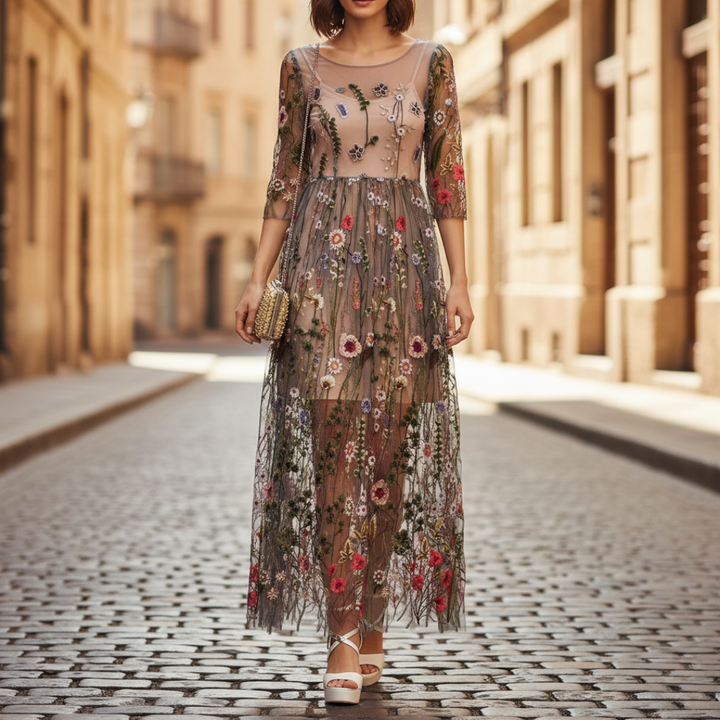 Elegant beige floral embroidered maxi dress for women, three-quarter sleeves & round neck.