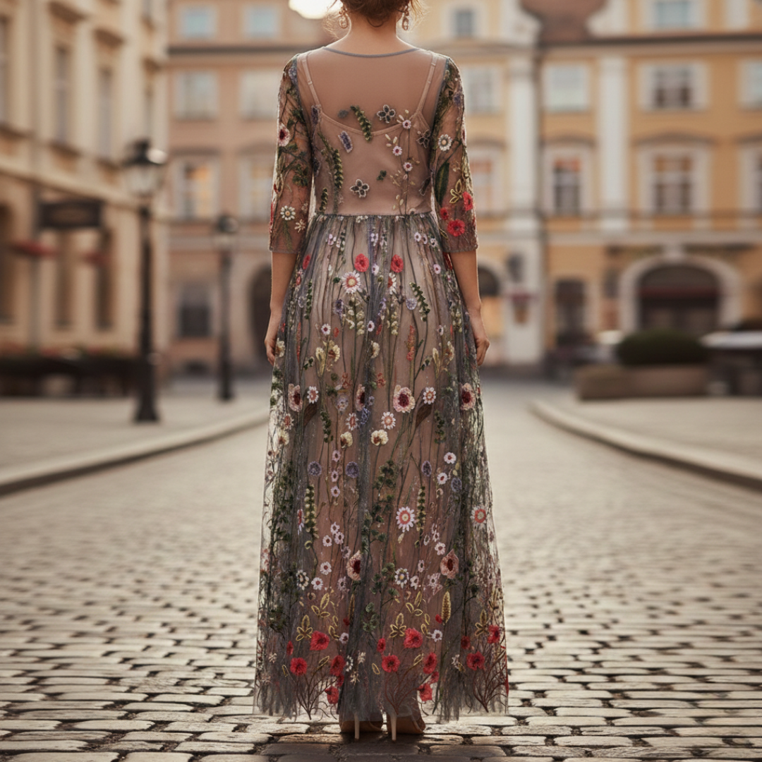 Formal black women's maxi dress with elegant floral embroidery, perfect for evening wear.
