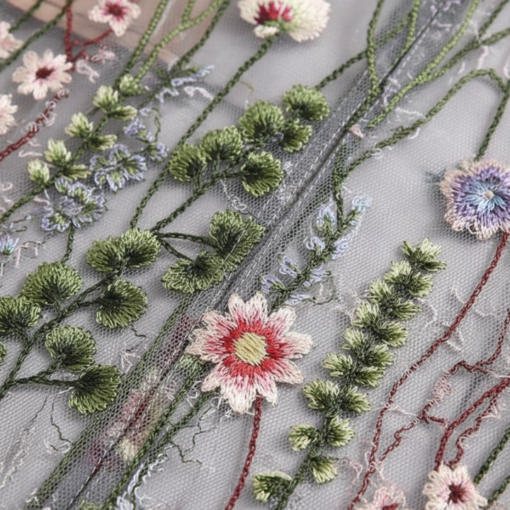 Beautiful floral embroidered maxi dress for women, elegant design, suitable for formal occasions.