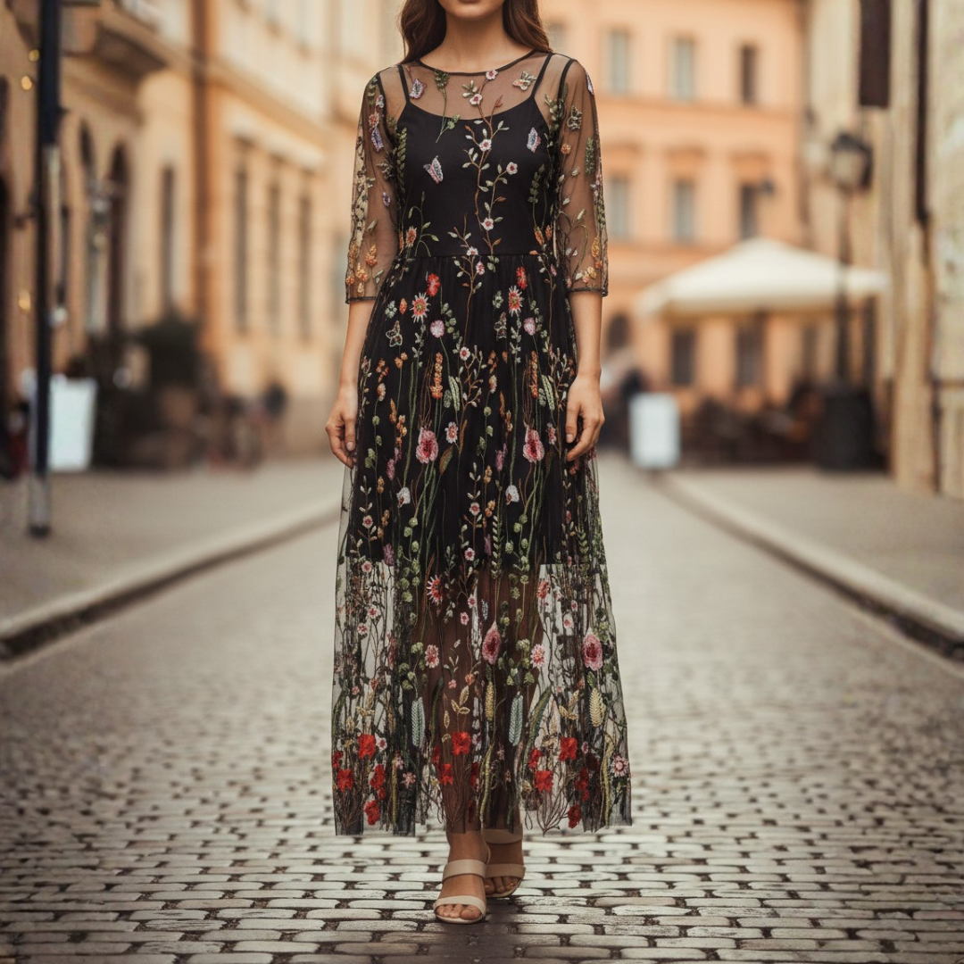 Women's elegant three-quarter sleeve maxi dress, floral embroidery, round neck, occasion wear.