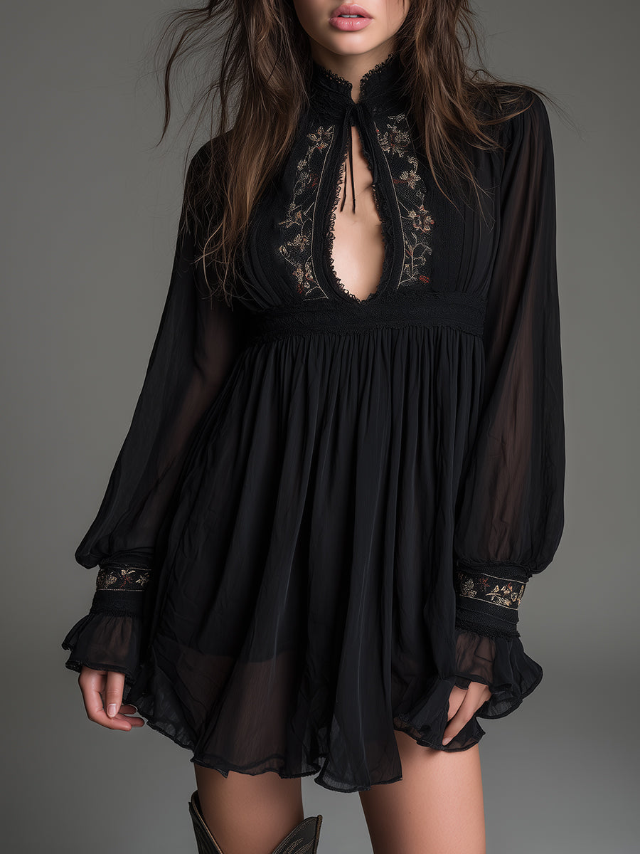 Elegant black babydoll mini dress for women, featuring a stylish keyhole neckline and fashionable balloon sleeves. Perfect for parties.