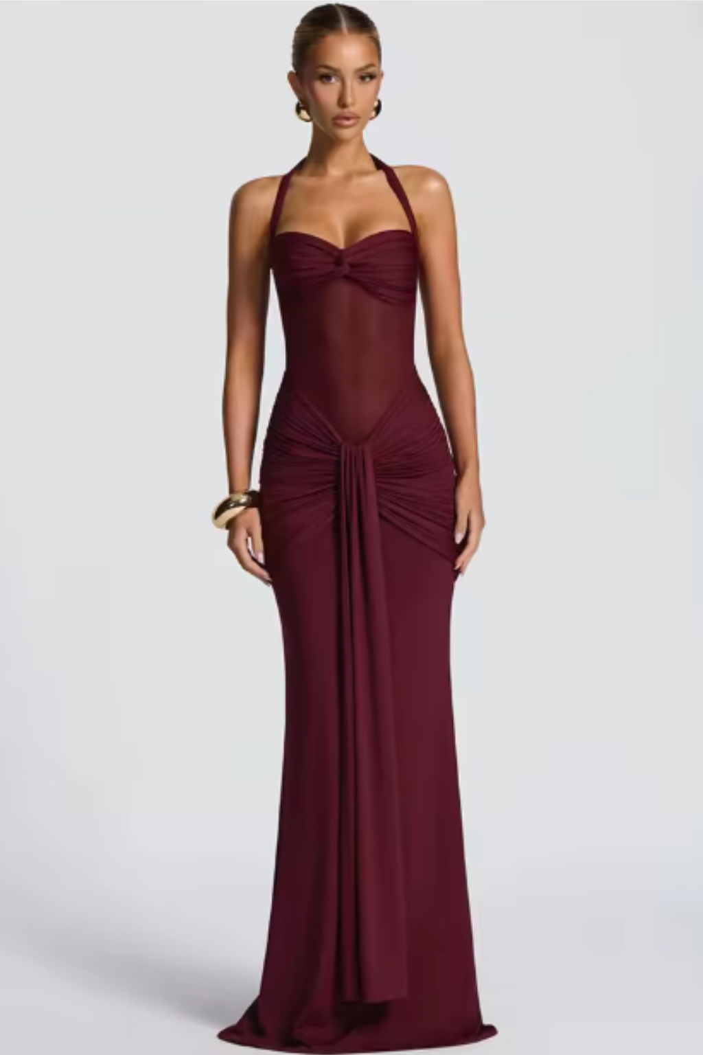 Women's glamorous halter neck ruched bodycon maxi dress, ideal for formal evening wear & special events.