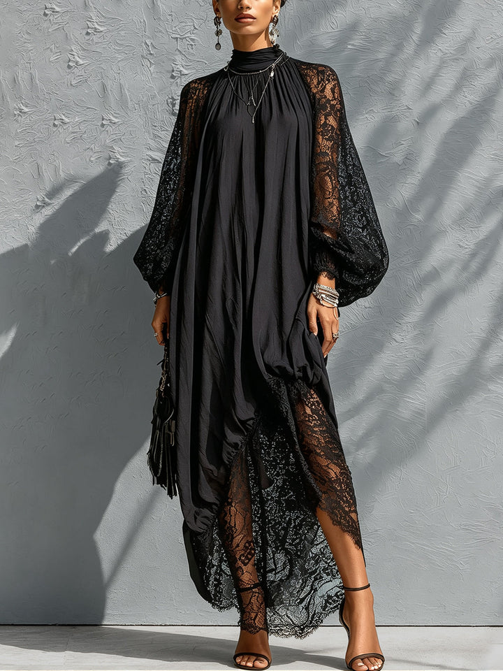 Elegant black high-neck maxi dress with delicate lace sleeves, perfect for formal events and evening wear.