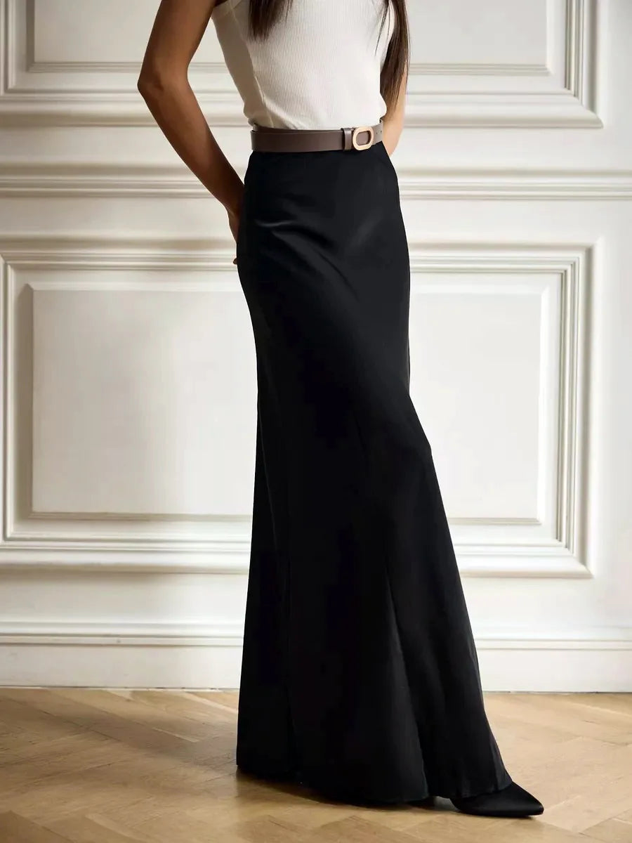 Rich wine red elegant maxi skirt, high waist, flowing fishtail style.