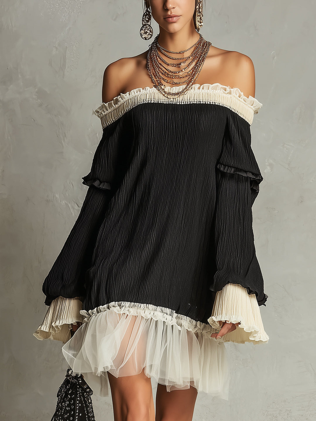 Elegant black off-shoulder mini dress for women, featuring lace & ruffles. Perfect for party, evening, or date night.