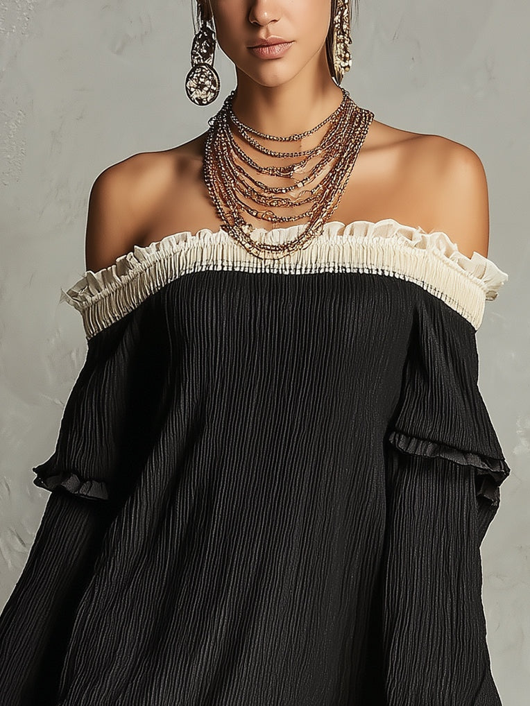 Women's black mini dress, off-shoulder style with elegant lace and charming ruffles. Ideal for a party or special evening.