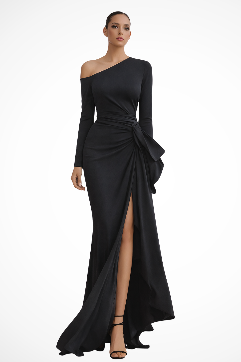 Elegant black one-shoulder ruched maxi dress, perfect for wedding guests, formal events, and evening parties. Flattering fit.