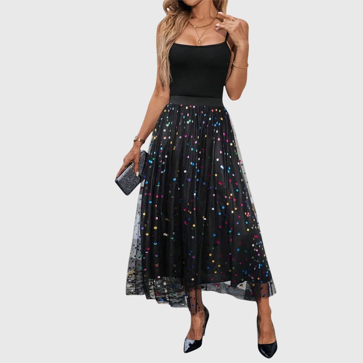 Elegant black sequin midi skirt for women, featuring a high waist and asymmetric hem, perfect for special occasions.