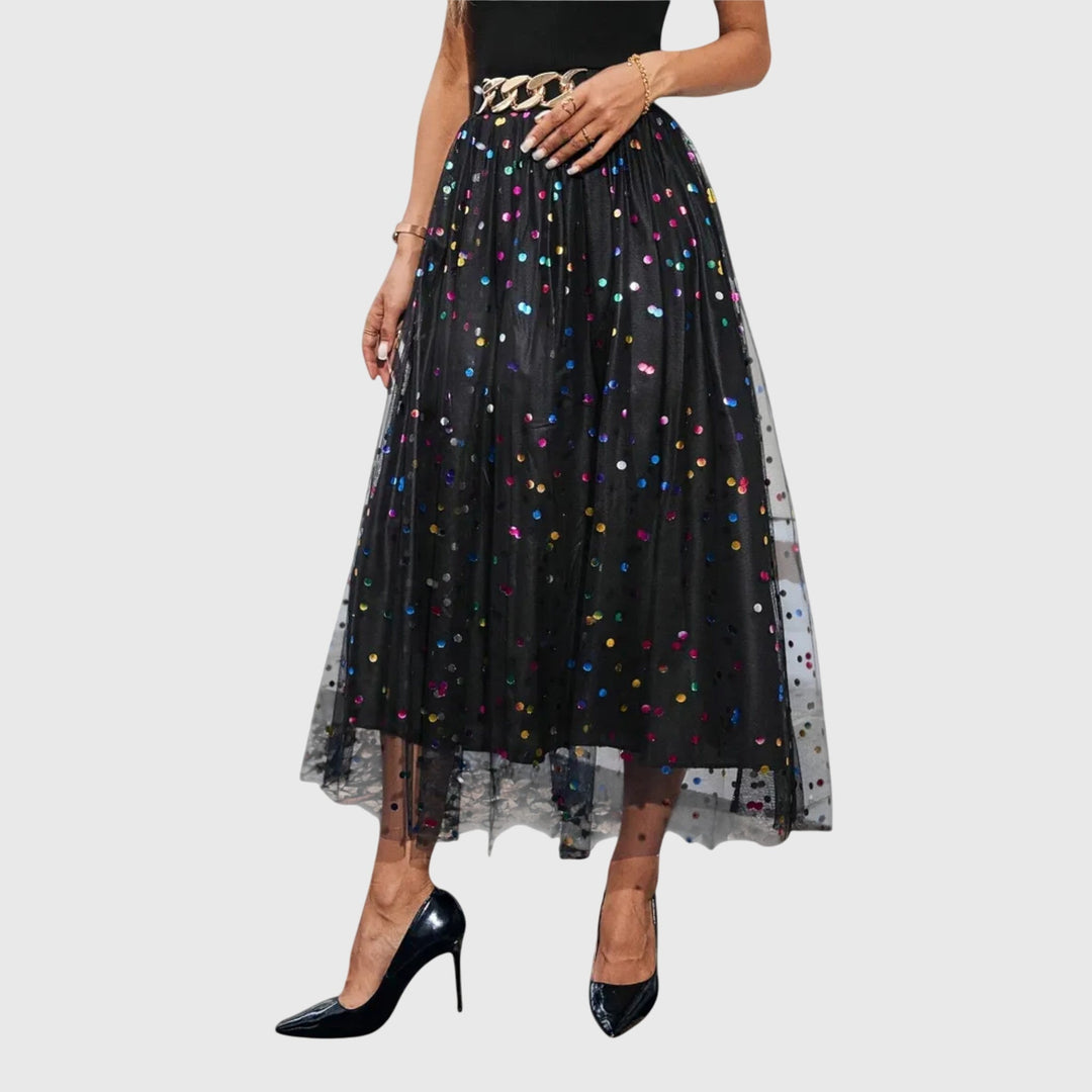 Women's festive black sequin midi skirt with an elegant high waist, ideal for parties and evening wear.