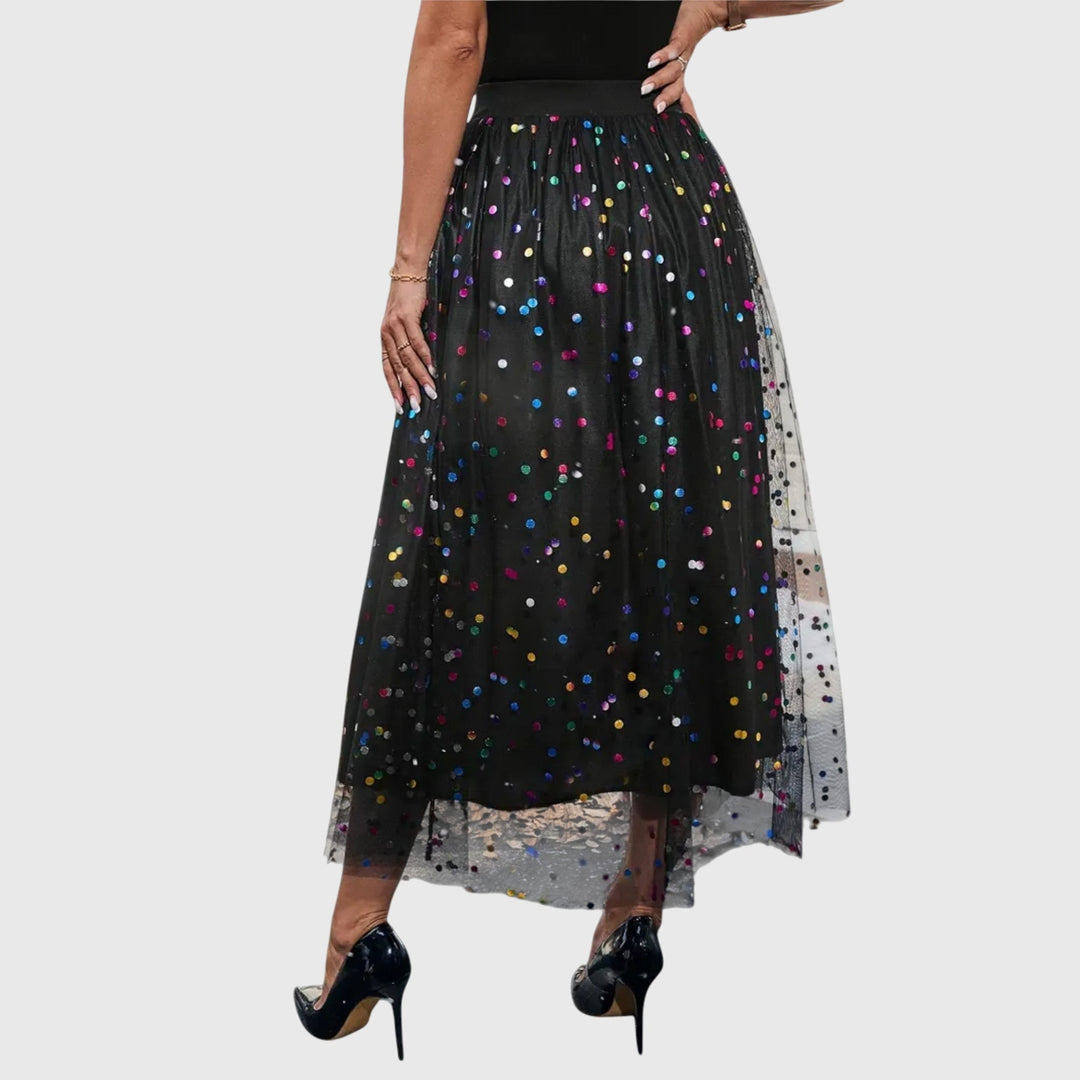 Stylish high-waisted black sequin midi skirt for women, designed with an asymmetric hem for elegant party wear.