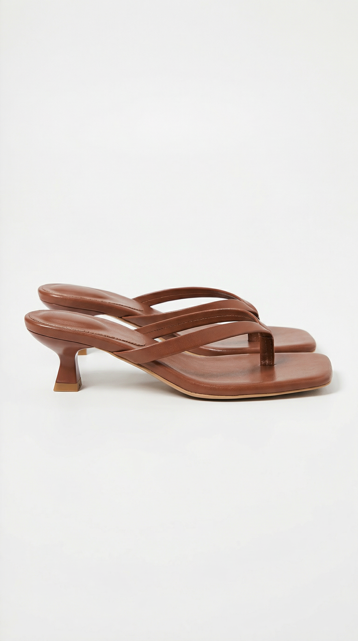 Women's brown kitten heel thong sandals with square toe. Versatile dressy summer heels.