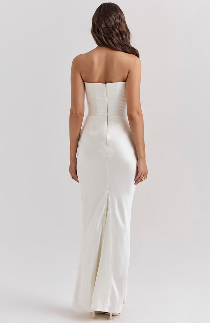Beautiful strapless maxi dress with structured corset top for formal events.