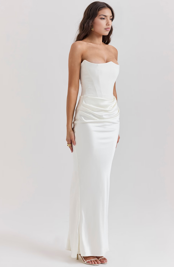 Elegant women's strapless maxi dress with corset detail, ideal for evening parties.