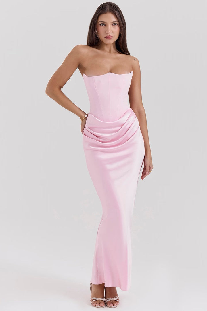 Stunning strapless wedding guest dress, long elegant corset maxi for women.