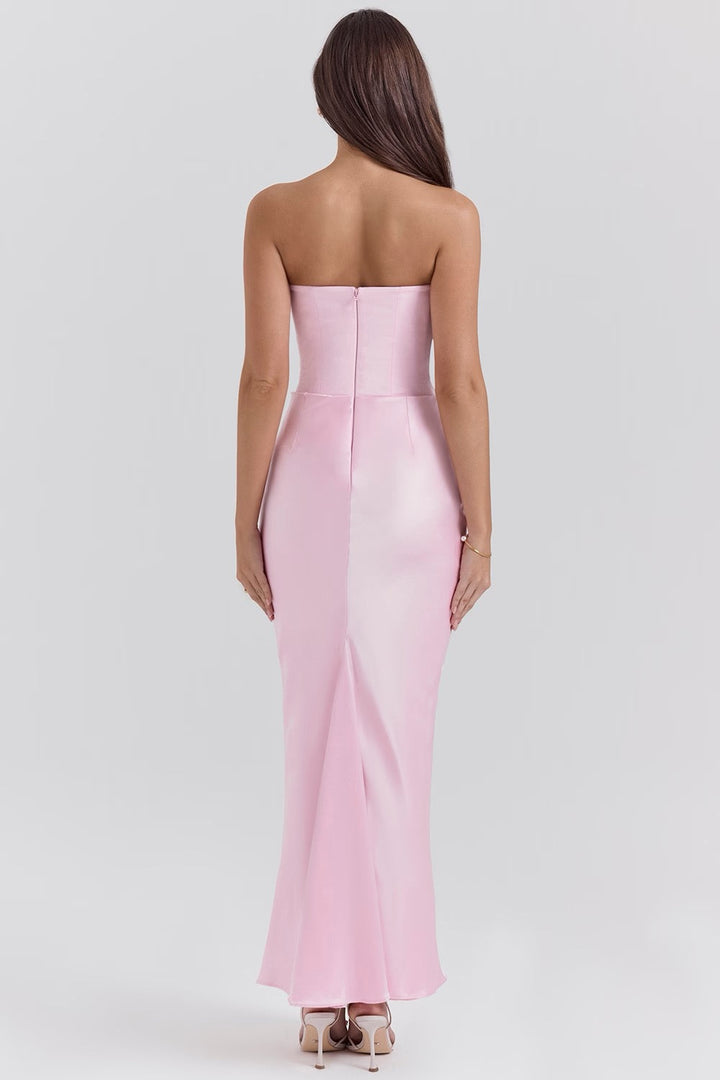 Graceful strapless corset maxi dress, perfect as a wedding guest or party dress.