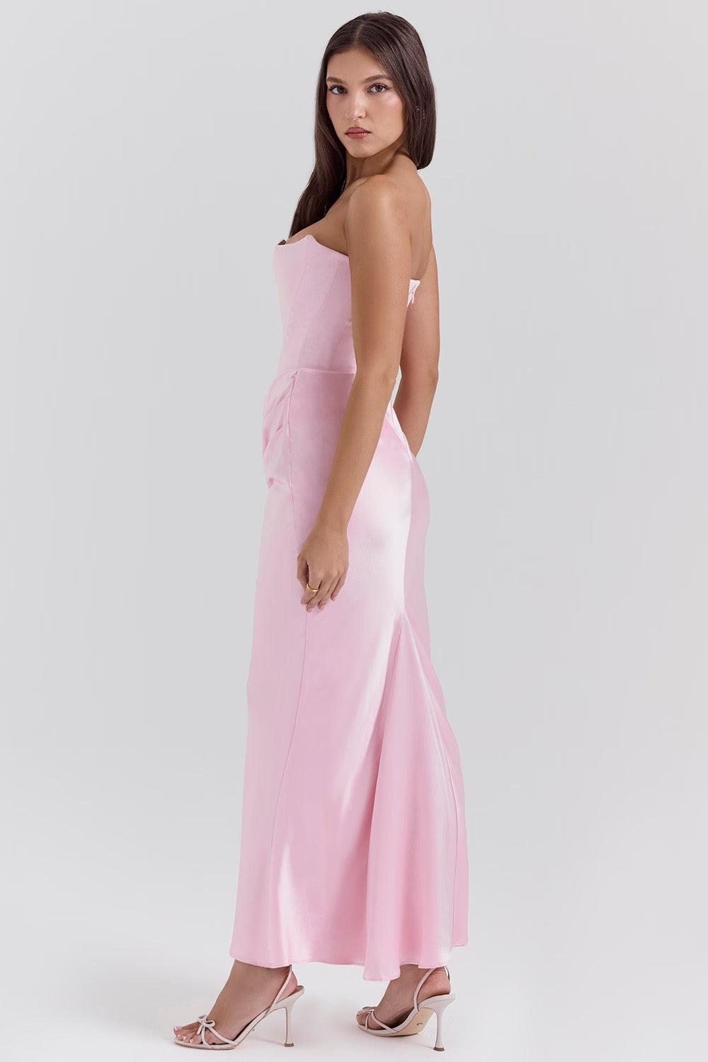 Sophisticated strapless formal maxi dress with elegant corset styling for women.