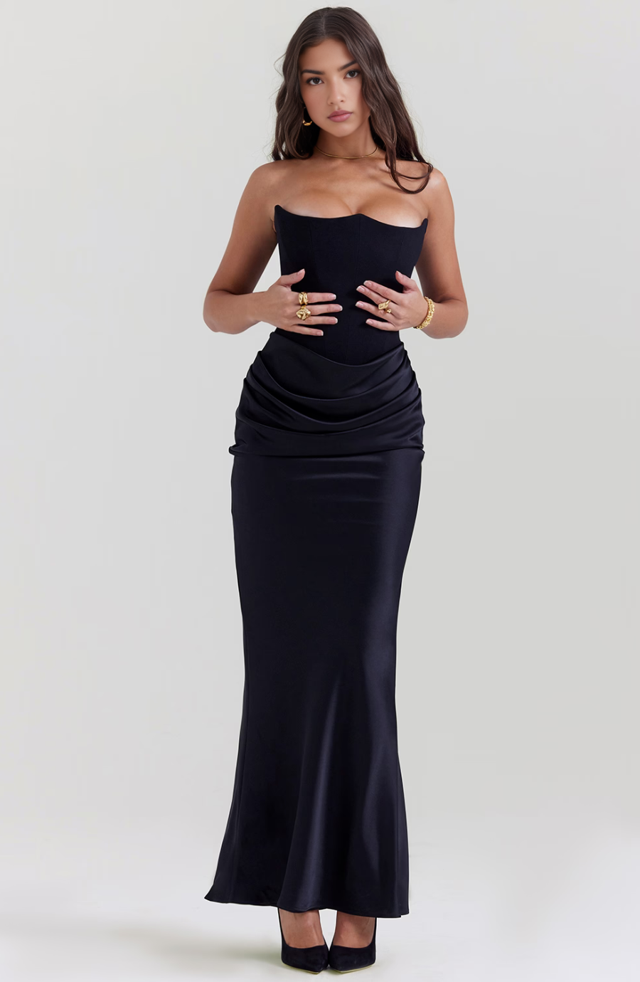 Navy strapless evening gown, a long corset maxi dress for formal special occasions.