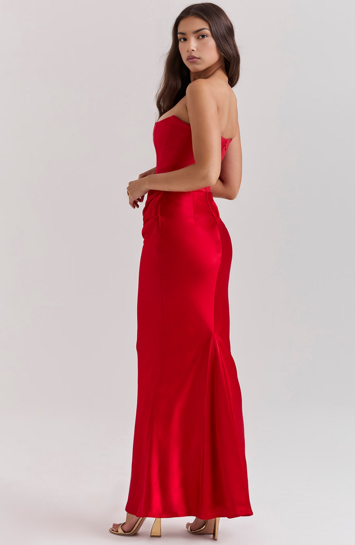 Elegant strapless corset maxi dress, a perfect formal evening gown for women.