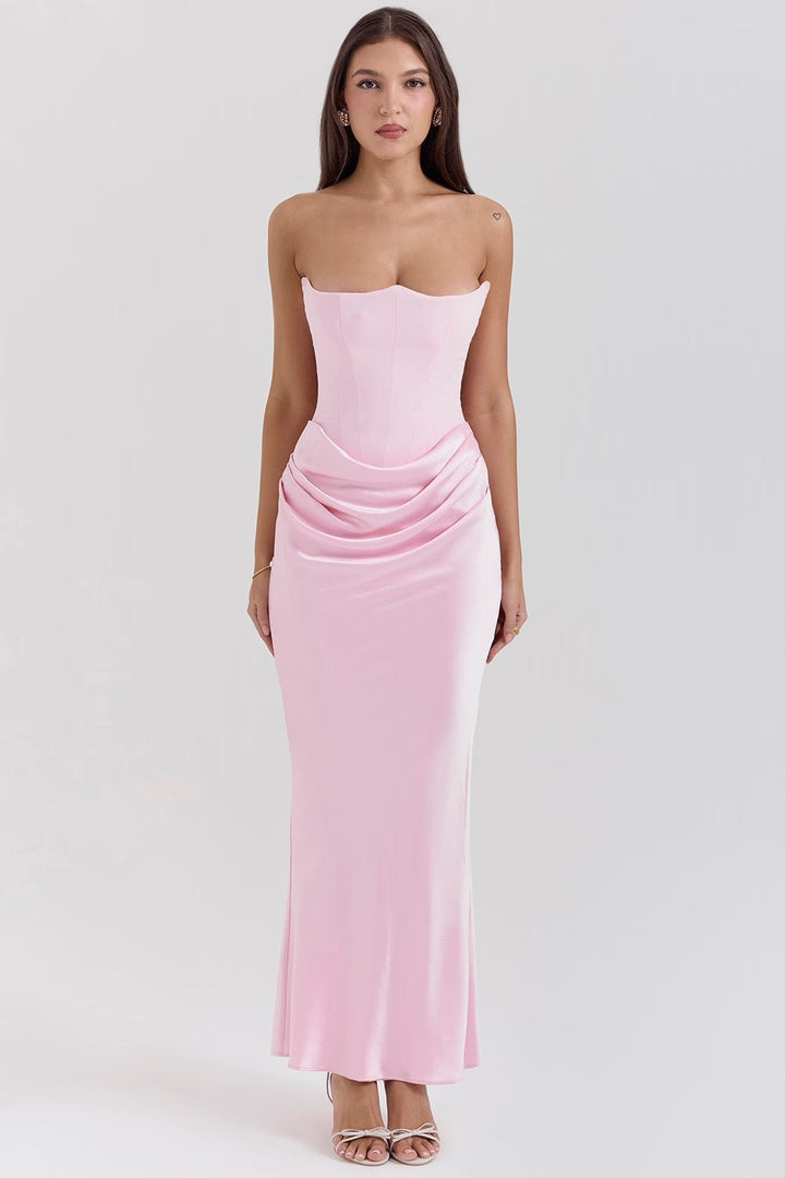 Blush pink strapless corset dress, an elegant wedding guest maxi gown for women's fashion.