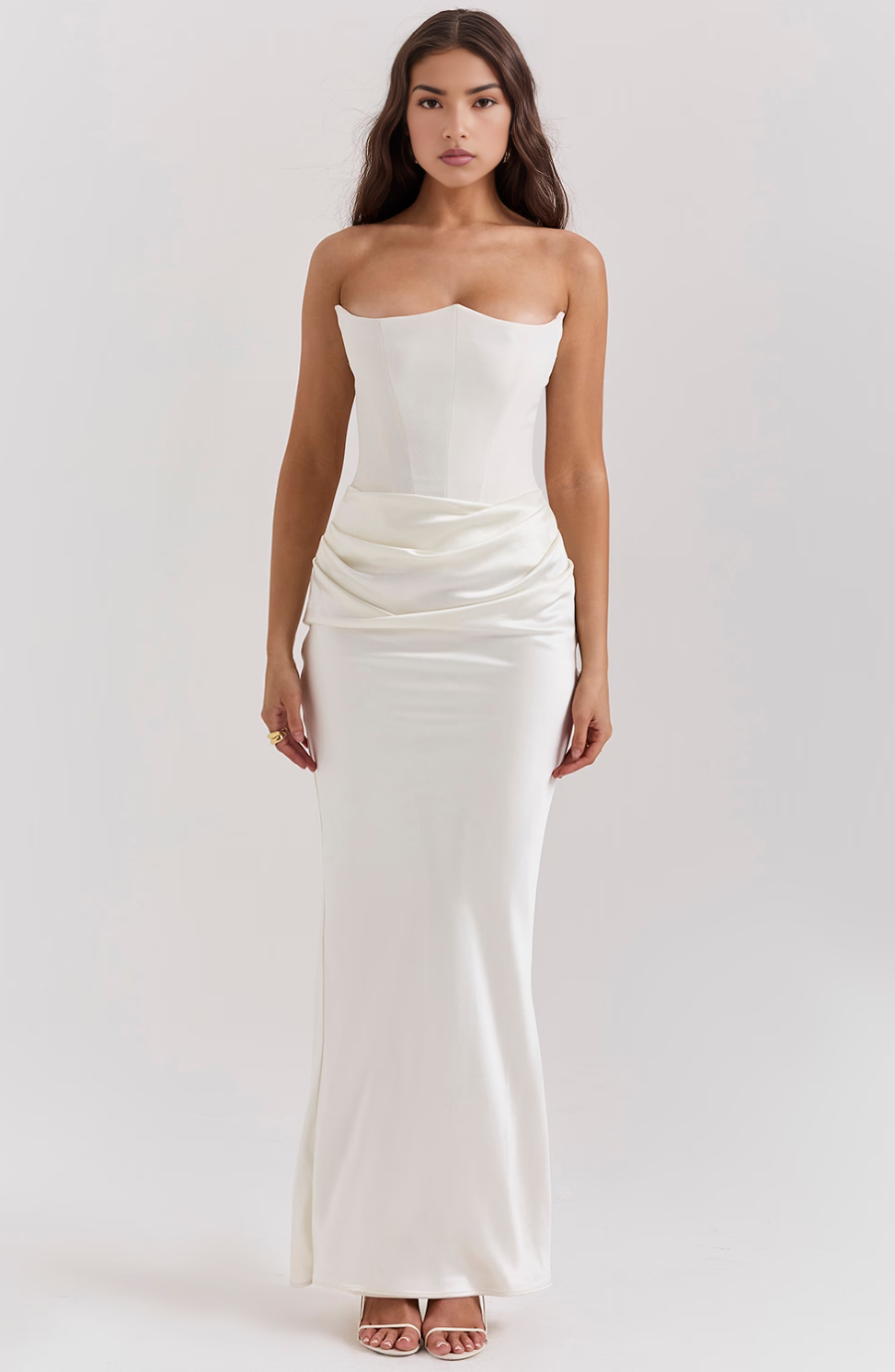 Timeless white strapless corset maxi dress, a chic option for non-bridal formal events.