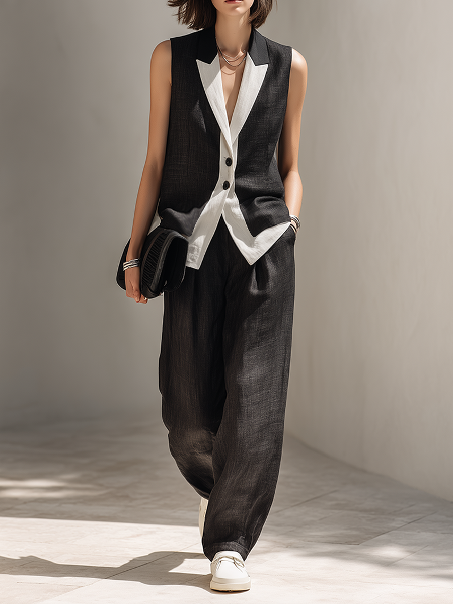 Elegant black tailored two-piece set for women, featuring a chic vest top & wide-leg pants. Perfect for office or evening.