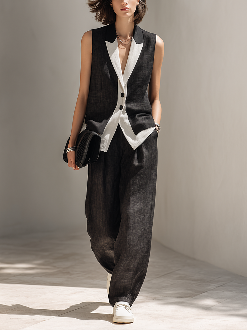 Fashionable black tailored two-piece set for women, featuring a vest and wide-leg trousers. Versatile for office or evening.