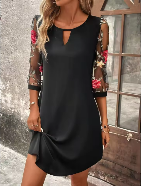 Elegant black V-neck dress for women with sophisticated sheer long sleeves, perfect for cocktail or party occasions.