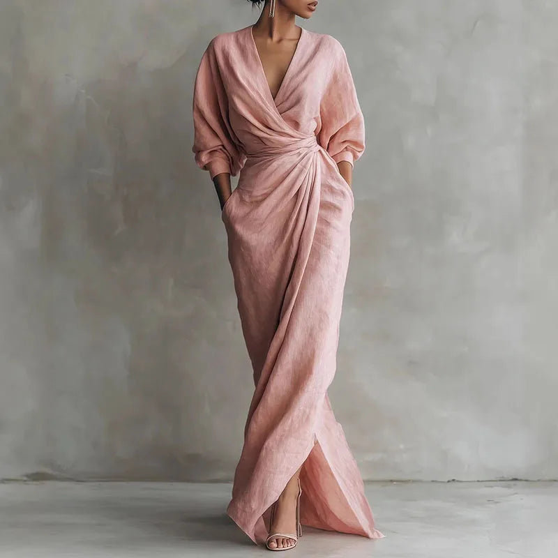 Elegant black V-neck wrap maxi dress for women, flattering and stylish evening or day wear.