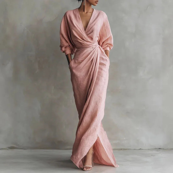 Elegant black V-neck wrap maxi dress for women, flattering and stylish evening or day wear.