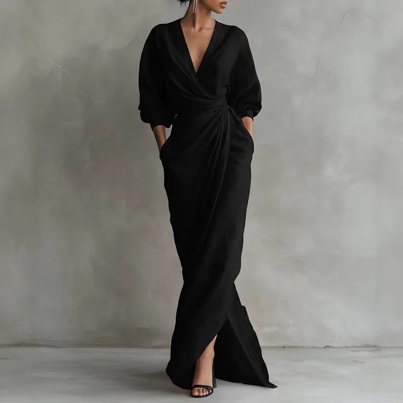 Elegant pink long maxi dress with V-neck and wrap waist. Flattering silhouette for women, day-to-night wear.