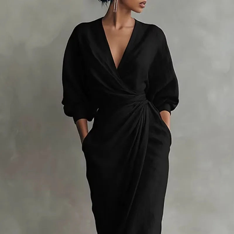 Women's elegant brown V-neck wrap dress. Long sleeve maxi style with flattering wrap waist, day to night outfit.
