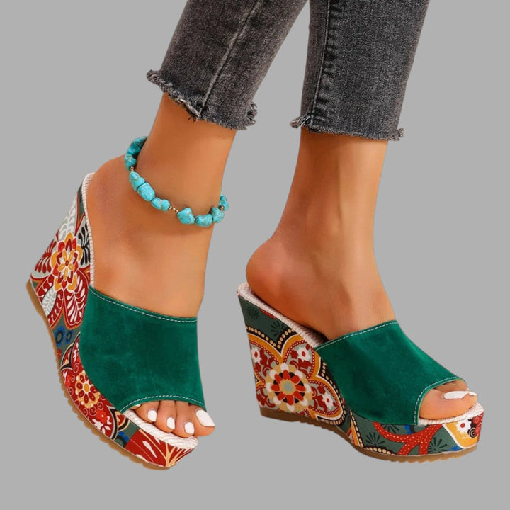 Chic green wedge sandals, ideal elegant summer footwear for ladies. Comfortable heeled sandals.