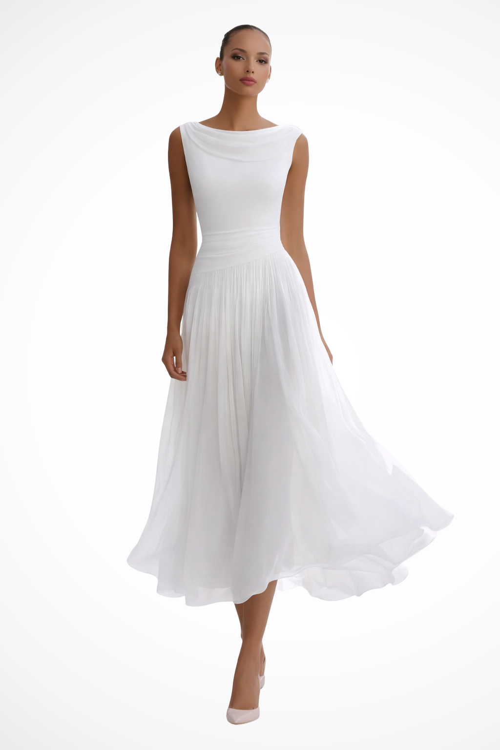 Elegant black women's sleeveless A-line midi dress, flowing fabric, perfect for cocktail parties & summer events.