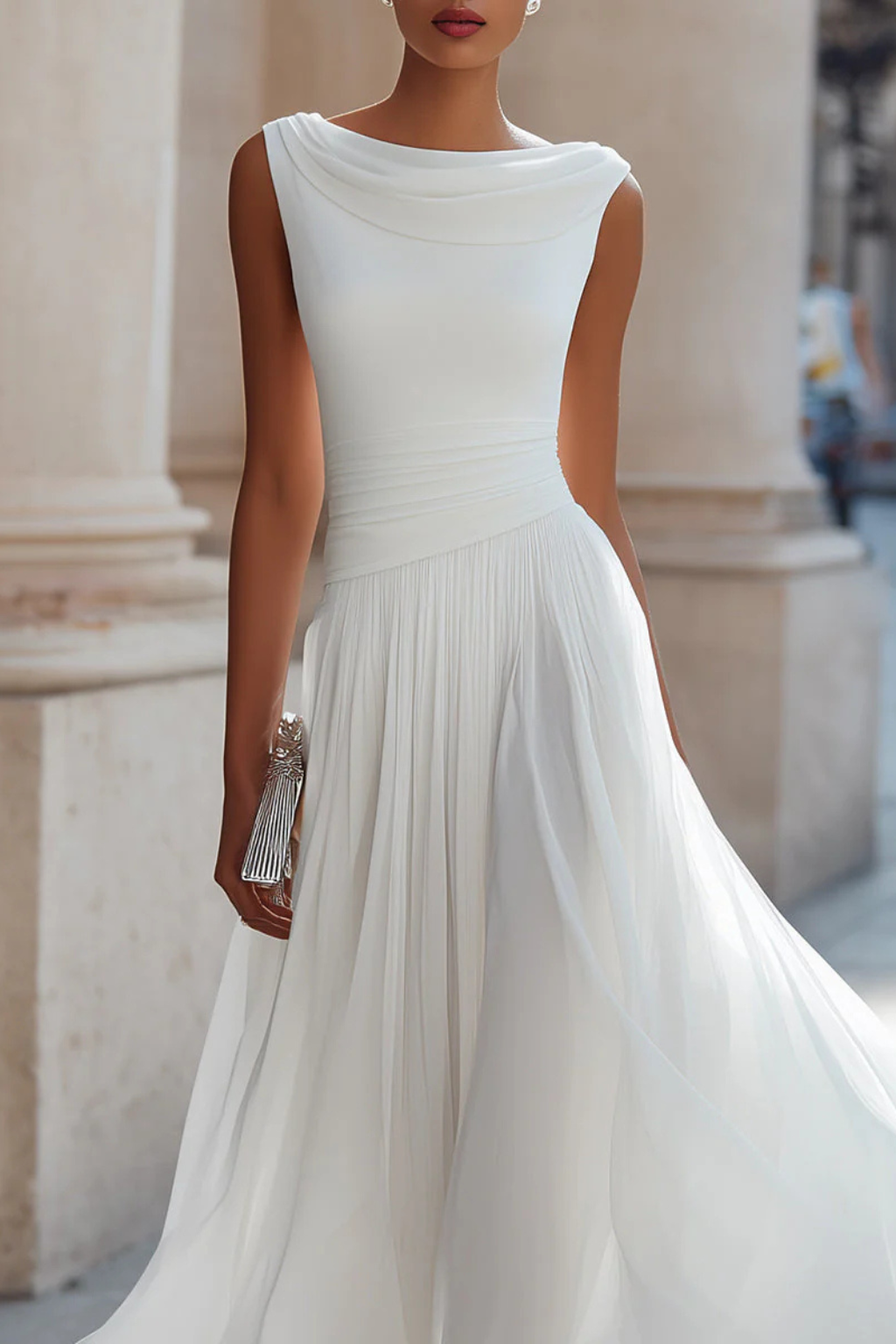 Feminine white A-line midi dress for women, sleeveless, flowing design, ideal for vacation or formal wear.