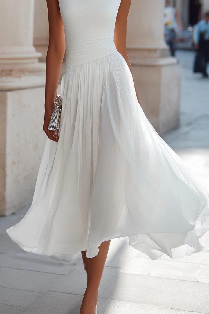 Stylish women's sleeveless A-line midi dress, elegant silhouette for parties, cocktail events & formal wear.