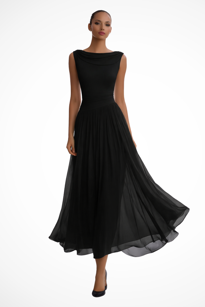 White elegant sleeveless A-line midi dress for women, flowing and comfortable, ideal for summer parties.