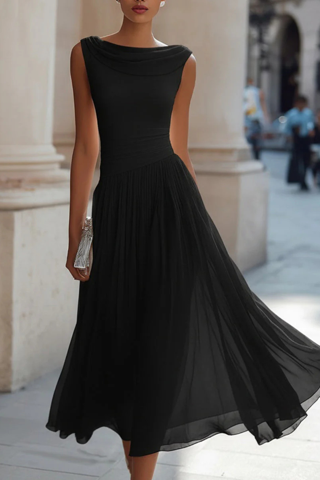 Women's versatile sleeveless A-line midi dress, elegant for formal wear, perfect for summer parties.