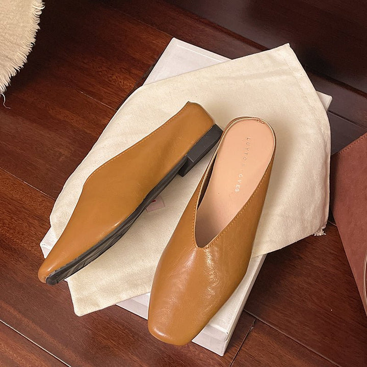 Comfortable beige square toe slip-on flats for women, ideal for effortless everyday fashion.