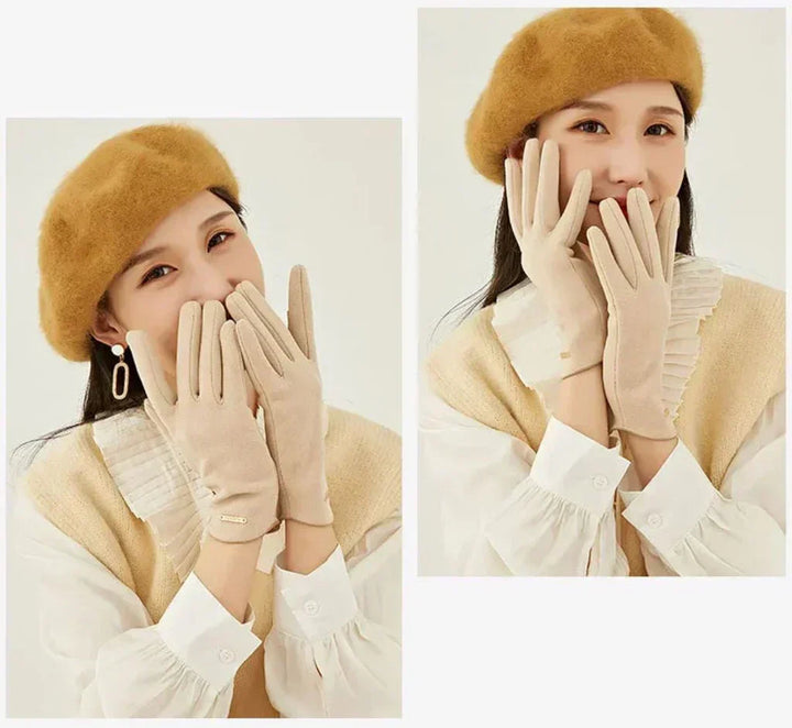 Khaki women's fashion gloves, warm, elegant, and touchscreen compatible for winter.