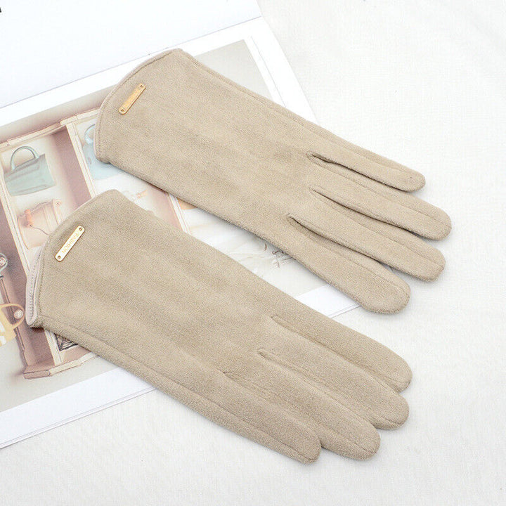 Warm khaki women's gloves, perfect for winter and smartphone use.