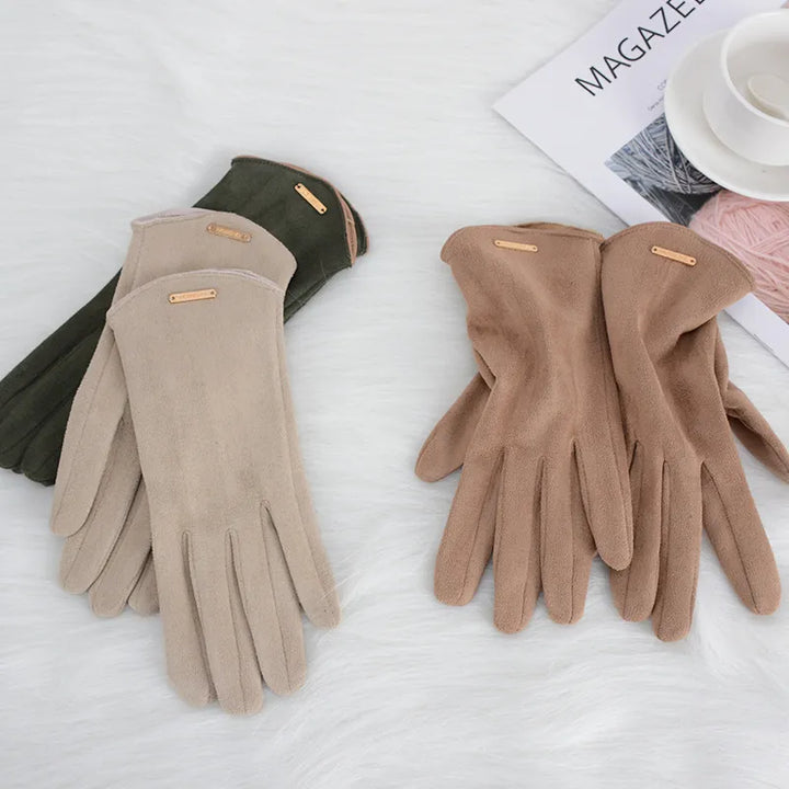 Khaki women's warm gloves with touchscreen fingers, a stylish winter accessory.