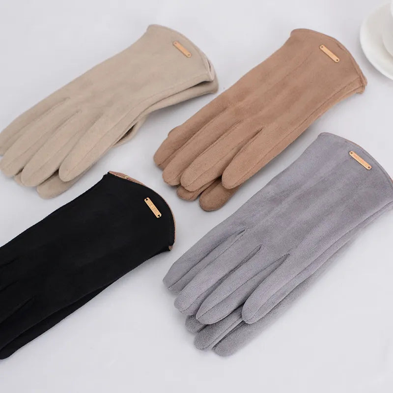 Beige elegant touchscreen gloves for women, perfect for cold weather fashion.