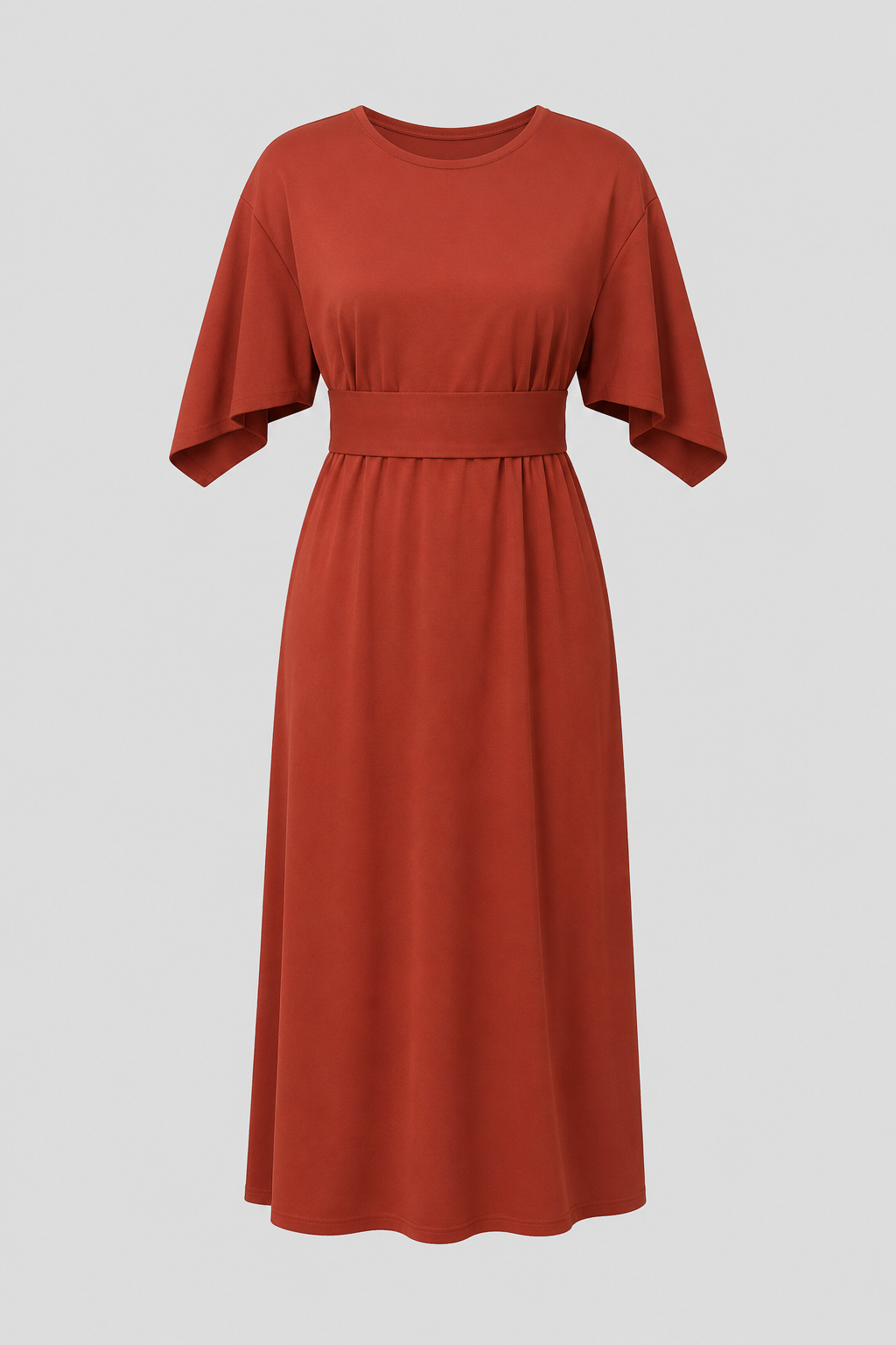 Fashion-forward beige midi dress with wide sleeves, waist belt, a must-have for women.
